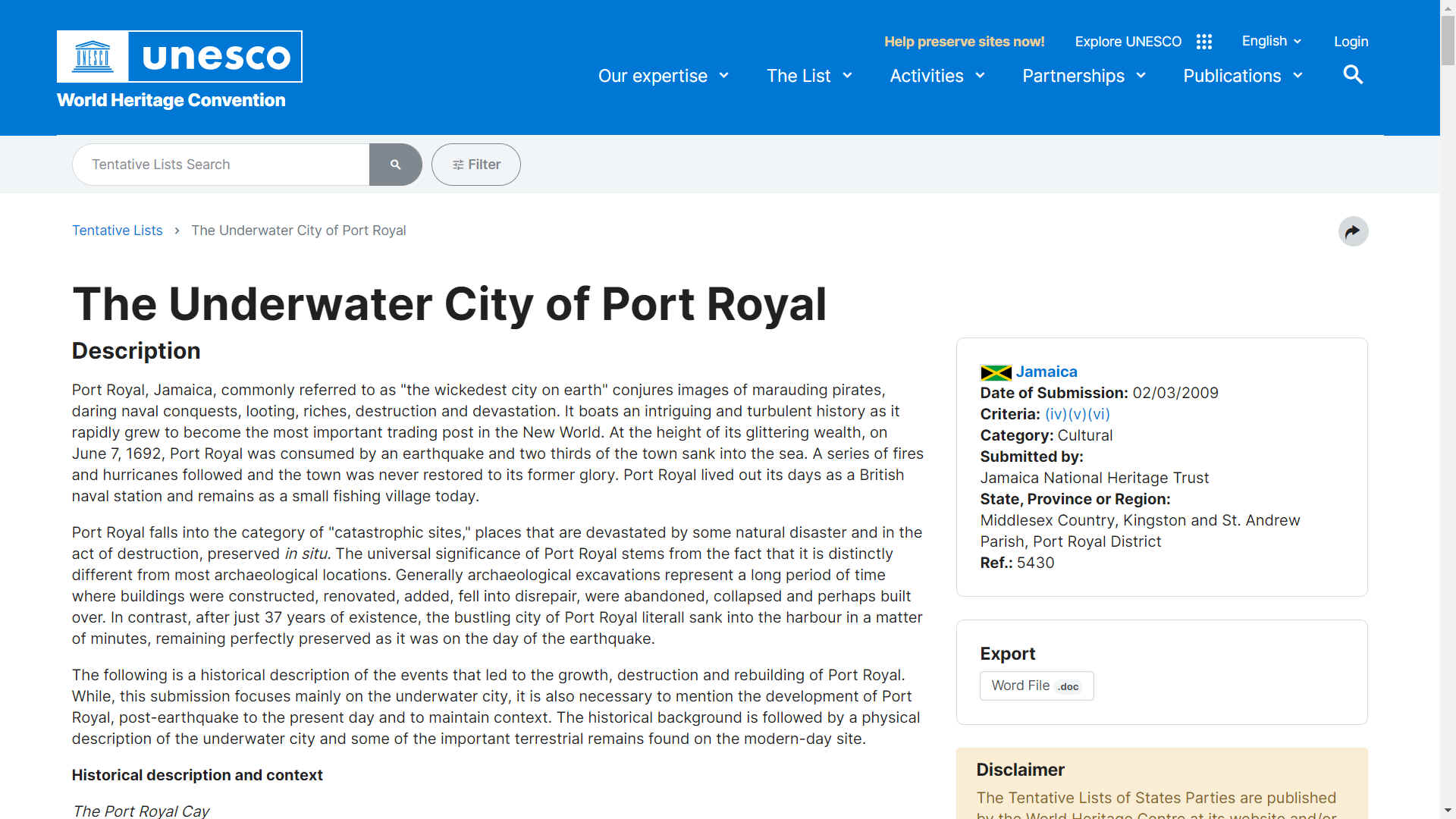 UNESCO Port Royal tentative listing