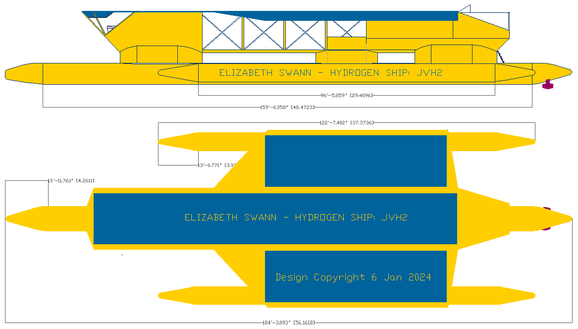 The world needs to fast-forward to hydrogen powered ocean transport, like this solar assisted trimaran, now an EU Mission, in the fight to clean up rivers and the ocean. The Elizabeth Swann is presently at the 1:20 proof of concept stage. When built, it is hoped the vessel will set new performance records, then retire as a technology showpiece, also to be used as the Queen of the Nile, in a film about Cleopatra VII, as part of an Orange growth project.